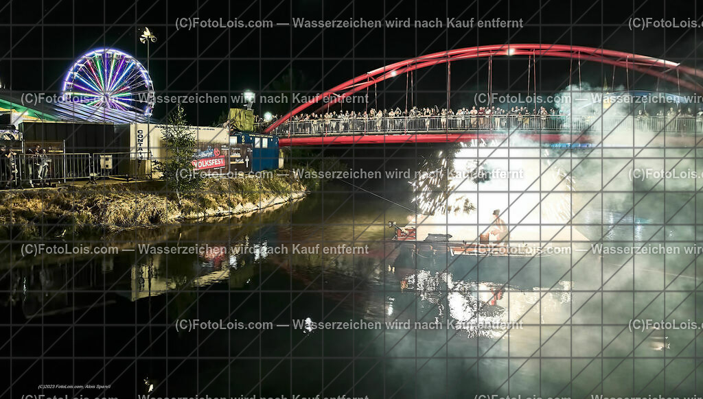 0588_Luftbild_VOLKSFEST-Wlbg_InselFeuer-Show | (C)FotoLois.com, Alois Spandl, Luftbild, Wieselburger VOLKSFEST neu, Feuershow auf der Erlaufinsel unter den Brücken, Do 29. Juni 2023.