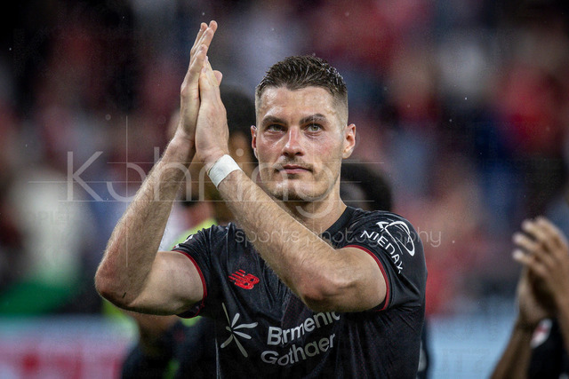 German Bundesliga, Bayer 04 Leverkusen vs. RB Leipzig, 02.05.2026 | LEVERKUSEN, GERMANY - MAY 2, 2026 :  Patrik Schick (Bayer 04 Leverkusen, 14) celebrating his 3 goals after the German Bundesliga match on gameday 32 between Bayer 04 Leverkusen vs. RB Leipzig at BayArena on May 2, 2026 in Leverkusen, Germany. DFL REGULATIONS PROHIBIT ANY USE OF PHOTOGRAPHS AS IMAGE SEQUENCES AND/OR QUASI-VIDEO.