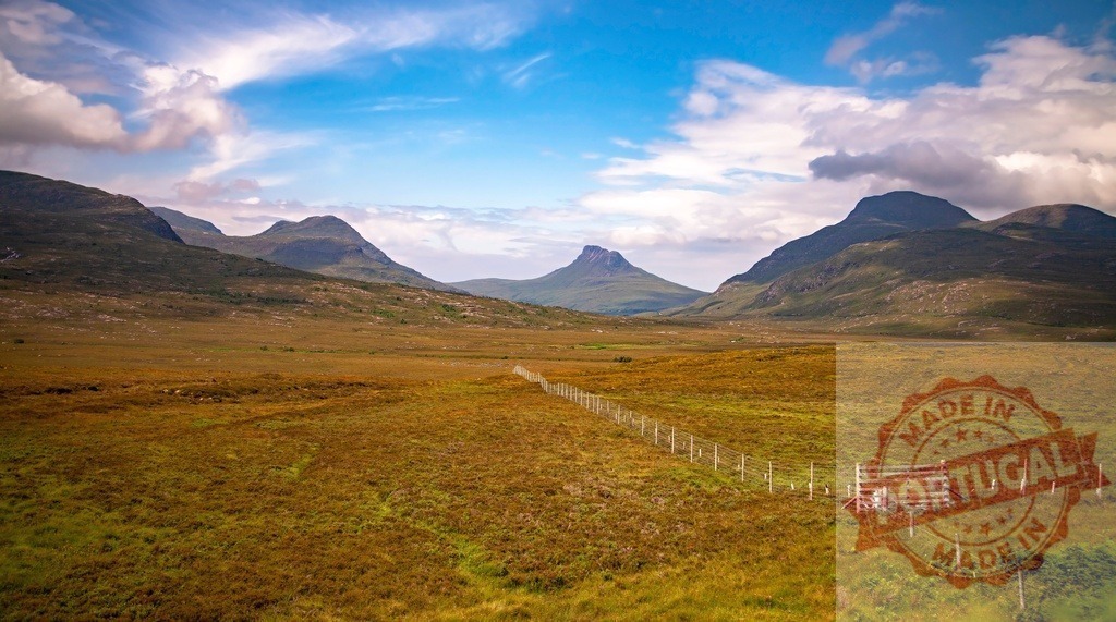Scottish Highlands Suilven mountain view across moorland | Suilven mountain rising above a vast moorland valley with a fence under blue sky - Realized with Pictrs.com