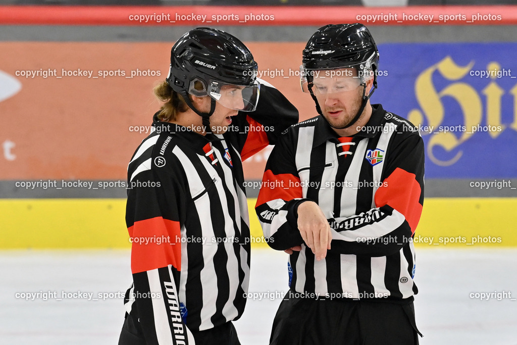 EC KAC Future Team vs. Die Adler Kitzbühl 7.10.2023 | WENUSCH Hermann Referee, BULOVEC Miha Referee, EC KAC Future Team vs. Die Adler Kitzbühl 7.10.2023, EC KAC Future Team vs. Die Adler Kitzbühl am 07.10.2023 in Klagenfurt (Messehalle Klagenfurt), Austria, (Photo by Bernd Stefan)