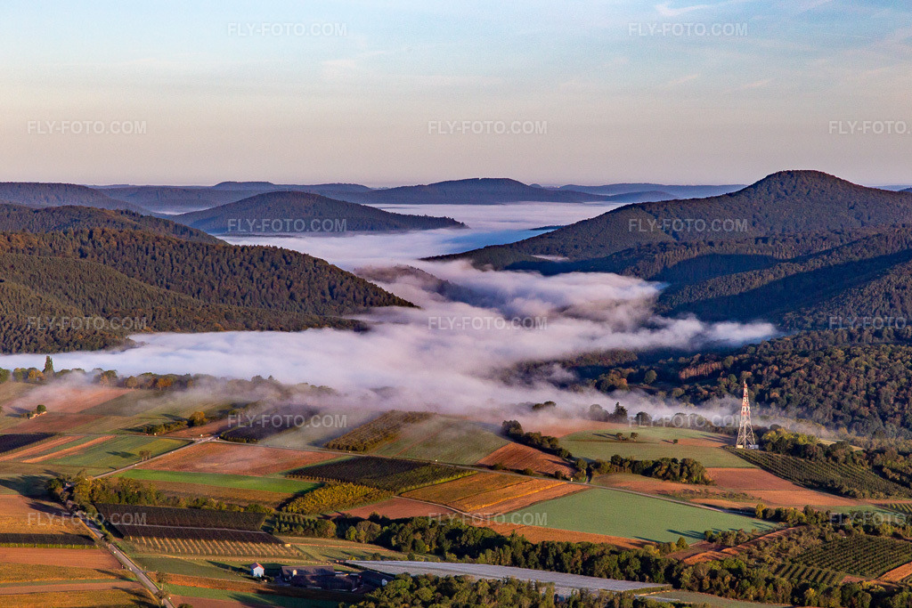 Aerial view: Wieslautertal under a blanket of morning fog in the district Weiler in Wissembourg in the state Bas-Rhin, France.Photo: IMG_138821.jpg taken on 09/24/2023 by Werner Riehm/FLY-FOTO.comResolution of the original: 5336 x 3557 px
