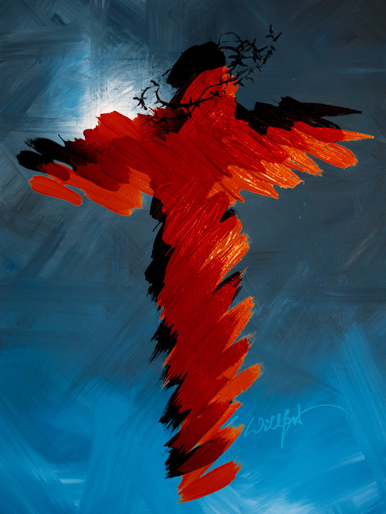 Kreuz Dornen Licht 2 Engel | Michael Willfort geistliche Kunst Gemälde Bilder - Realisiert mit Pictrs.com