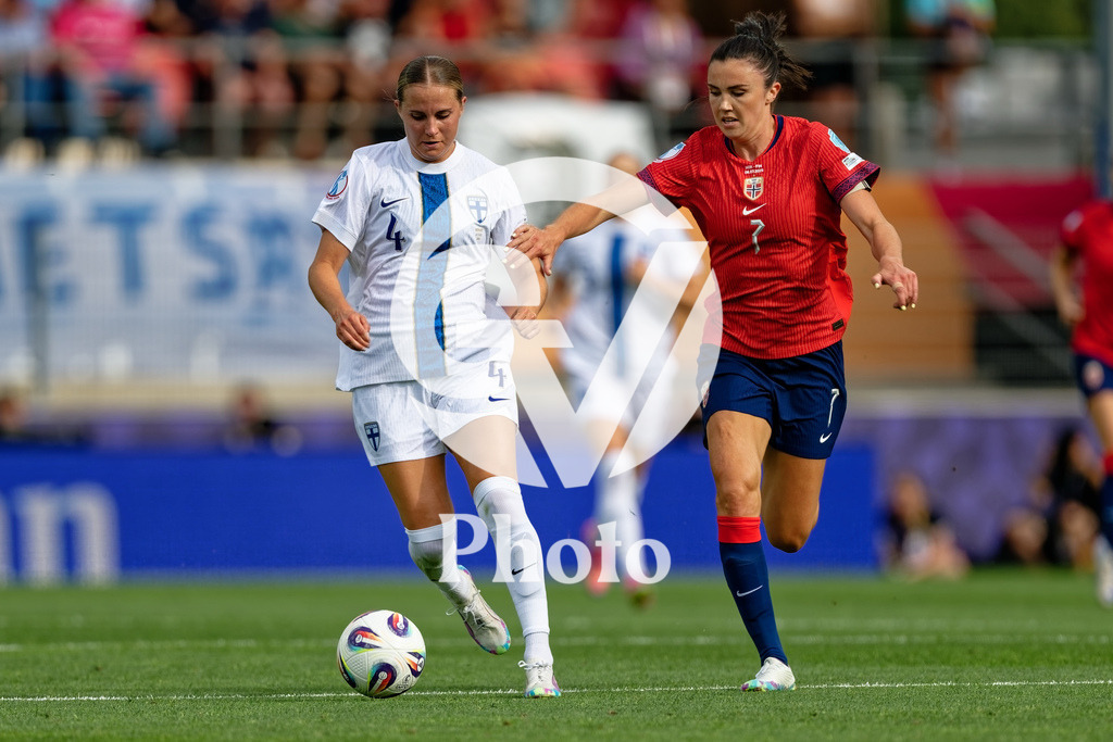Norway v Finland - UEFA Women's EURO 2025 Group A | SION, SWITZERLAND - JULY 6: Ria Oling of Finland (L) fight for possession  Ingrid Engen of Norway (R)  during the UEFA Womens EURO 2025 Group A match between Norway and Finland at Stade de Tourbillon on July 6, 2025 in Sion, Switzerland. (Photo by Giuseppe Velletri/Sports Press Photo/Getty Images)