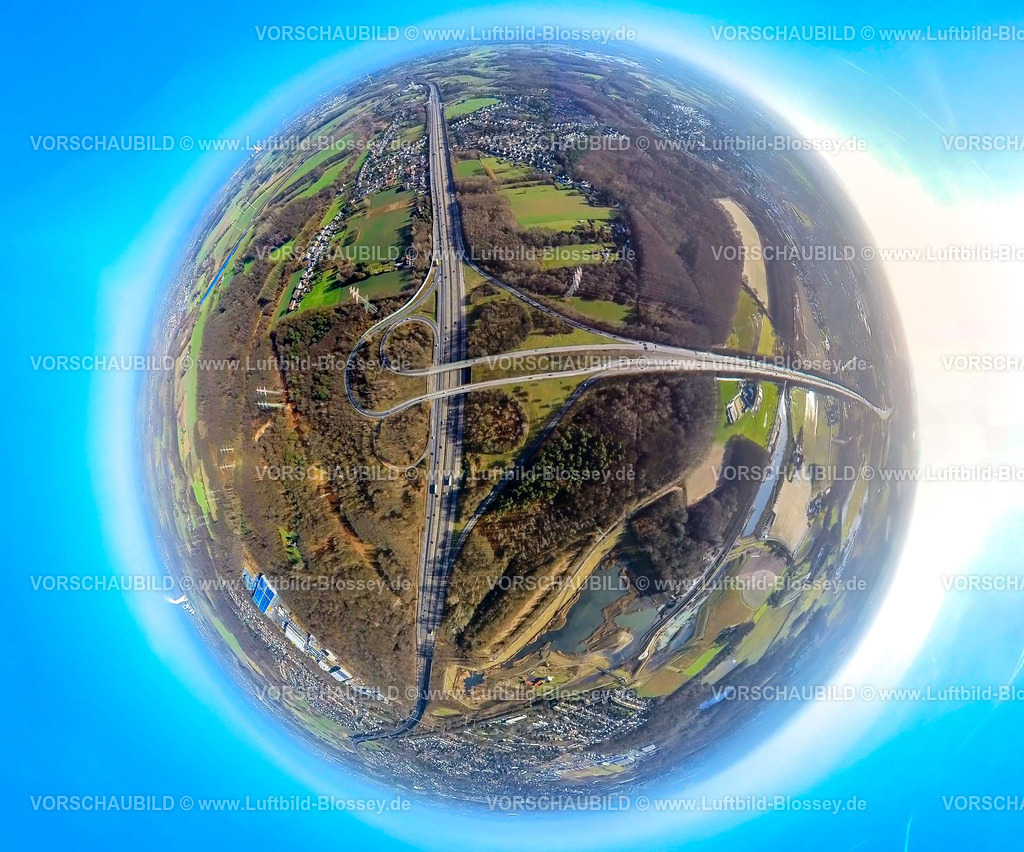 Dortmund240190052BAB-DreieckDortmundMengede | Luftbild, Autobahndreieck Dortmund-Nordwest Mengede, BAB Autobahn A45 und Autobahn A2, Waldgebiet Mengeder Heide, Erdkugel, Fisheye Aufnahme, Fischaugen Aufnahme, 360 Grad Aufnahme, tiny world, little planet, fisheye Bild, Ickern, Castrop-Rauxel, Ruhrgebiet, Nordrhein-Westfalen, Deutschland