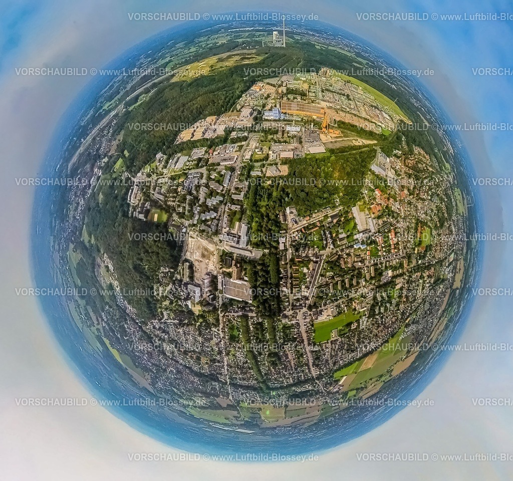 Bergkamen230990126 Mitte | Luftbild, Ortsansicht Bergkamen-Mitte, Hubert-Biernat-Straße, Bayer AG Werk, Halde Großes Holz, Kraftwerk Bergkamen, Erdkugel, Fisheye Aufnahme, Fischaugen Aufnahme, 360 Grad Aufnahme, tiny world, Weddinghofen, Bergkamen, Ruhrgebiet, Nordrhein-Westfalen, Deutschland
