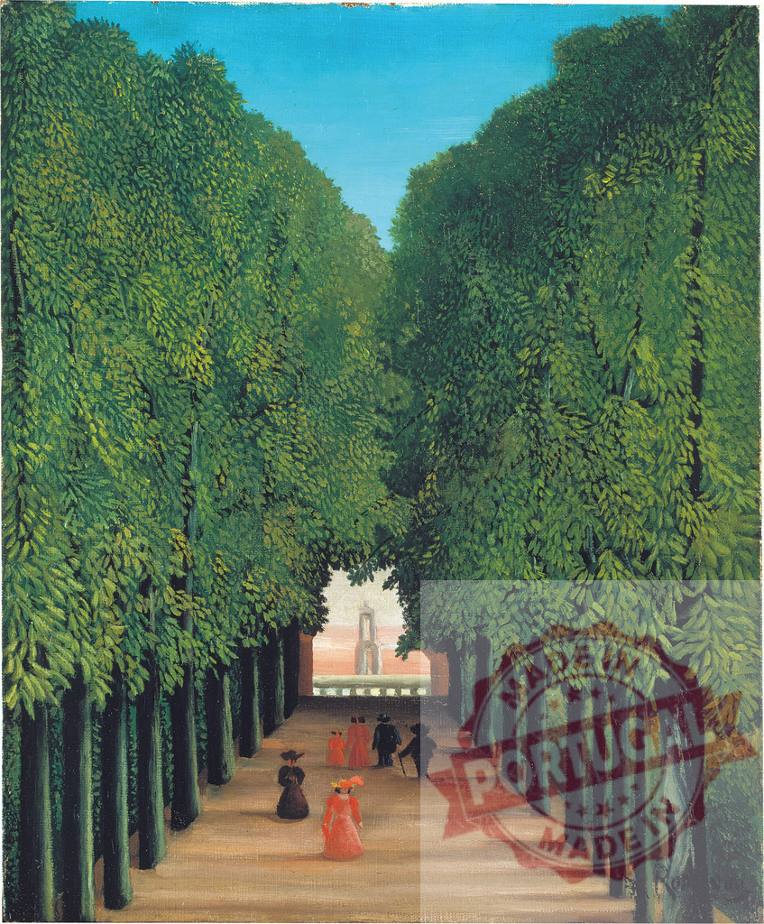 People walking on tree-lined path in Luxembourg Garden. Henri Rousseau | Figures strolling along an alley of green trees in a Parisian park - Realisiert mit Pictrs.com