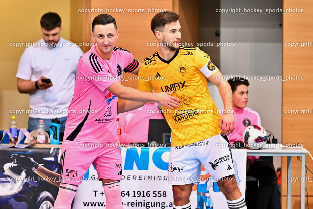 Carinthia Flamengo Futsal Club vs. FC Ljuti Krajisnici | #7 Enes Brdjanovic Carinthia Flamengo, #8 Saldin Pezic FC Ljuti Krajisnici, Carinthia Flamengo Futsal Club vs. FC Ljuti Krajisnici, Carinthia Flamengo Futsal Club vs. FC Ljuti Krajisnici am 05.01.2025 in Klagenfurt (Ballspielhalle Viktring), Austria, (Photo by Bernd Stefan)