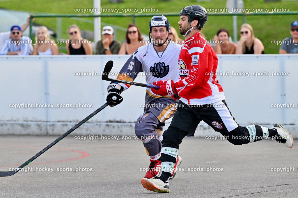 VAS Ballhockey vs. HSC Eagles Poggersdorf | #66 Hintermann Daniel, #47 Witting Marcel, VAS Ballhockey vs. HSC Eagles Poggersdorf, VAS Ballhockey vs. HSC Eagles Poggersdorf am 14.07.2024 in Villach (Alpen Arena ), Austria, (Photo by Bernd Stefan)