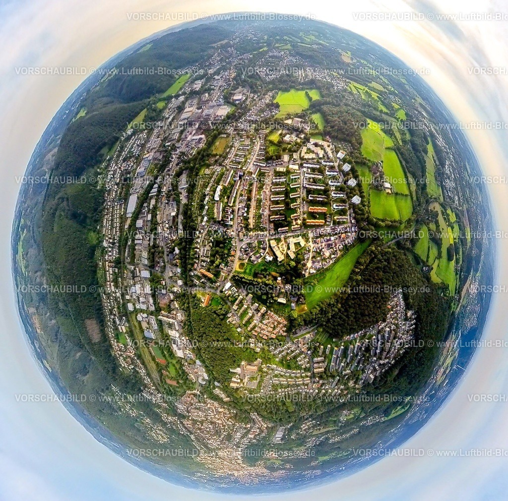 Hagen230990060 Quambusch | Luftbild, Ortsansicht Ortsteil Quambusch, Wohnsiedlung Ährenstraße, Gewerbegebiet Enneper Straße und Hagener Straße, Erdkugel, Fisheye Aufnahme, Fischaugen Aufnahme, 360 Grad Aufnahme, tiny world, Haspe, Hagen, Ruhrgebiet, Nordrhein-Westfalen, Deutschland