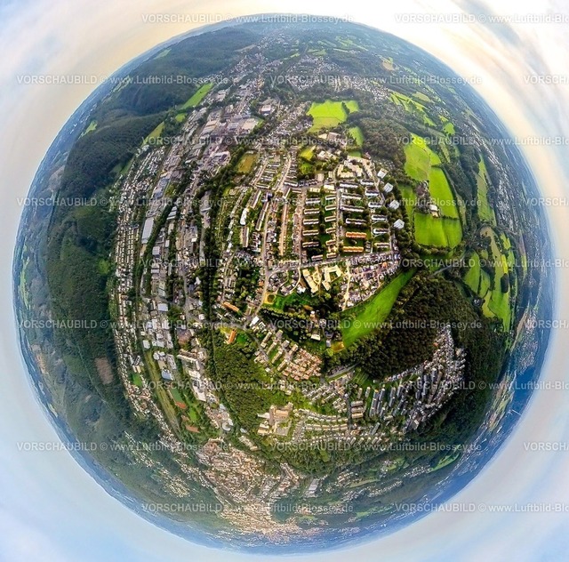 Hagen230990060 Quambusch | Luftbild, Ortsansicht Ortsteil Quambusch, Wohnsiedlung Ährenstraße, Gewerbegebiet Enneper Straße und Hagener Straße, Erdkugel, Fisheye Aufnahme, Fischaugen Aufnahme, 360 Grad Aufnahme, tiny world, Haspe, Hagen, Ruhrgebiet, Nordrhein-Westfalen, Deutschland