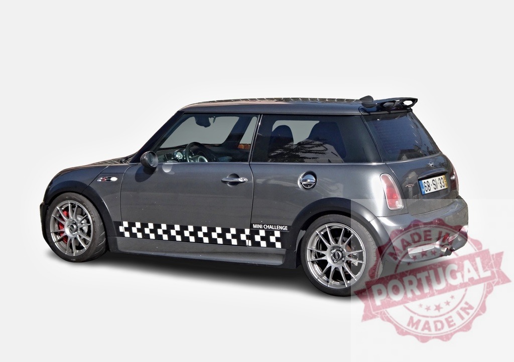 Gray Mini Cooper S with checkered stripes parked on white background | Customized Mini Cooper S showcasing tuning and personalization options, parked against a white backdrop - Realized with Pictrs.com