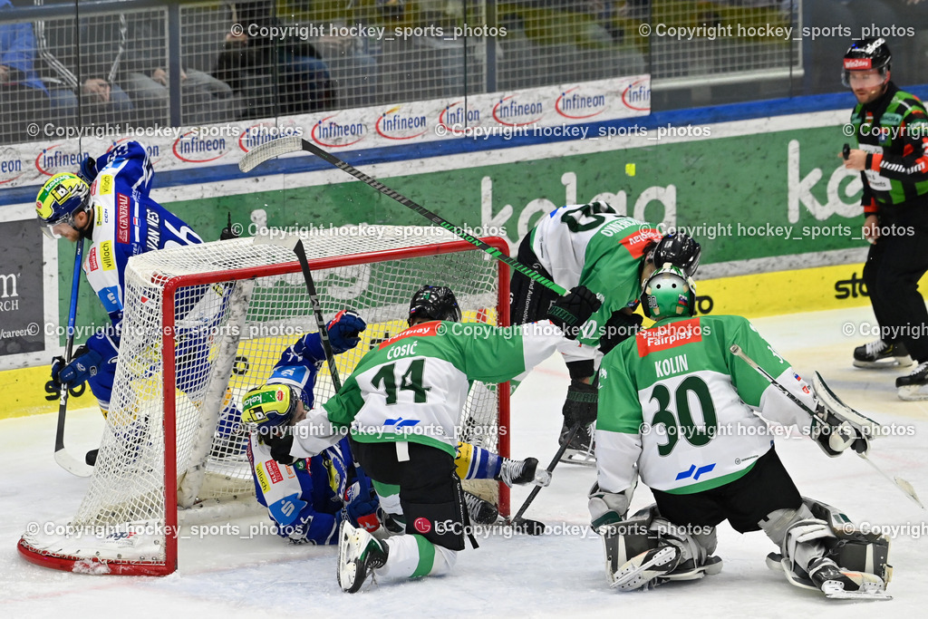 EC IDM WÄRMEPUMPEN VSV vs. Olimpija Ljubljana | #30 Luka Kolin Olimpija Ljubljana, #44 Aljosa Crnovic Olimpija Ljubljana, #16 Kevin Hancock EC VSV, #26 Guus van Nes EC VSV, #60 Clayton Kirichenko Olimpija Ljubljana, EC IDM WÄRMEPUMPEN VSV vs. Olimpija Ljubljana, EC IDM WÄRMEPUMPEN VSV vs. Olimpija Ljubljana am 01.02.2026 in Villach (Stadthalle Villach), Austria, (Photo by Bernd Stefan)