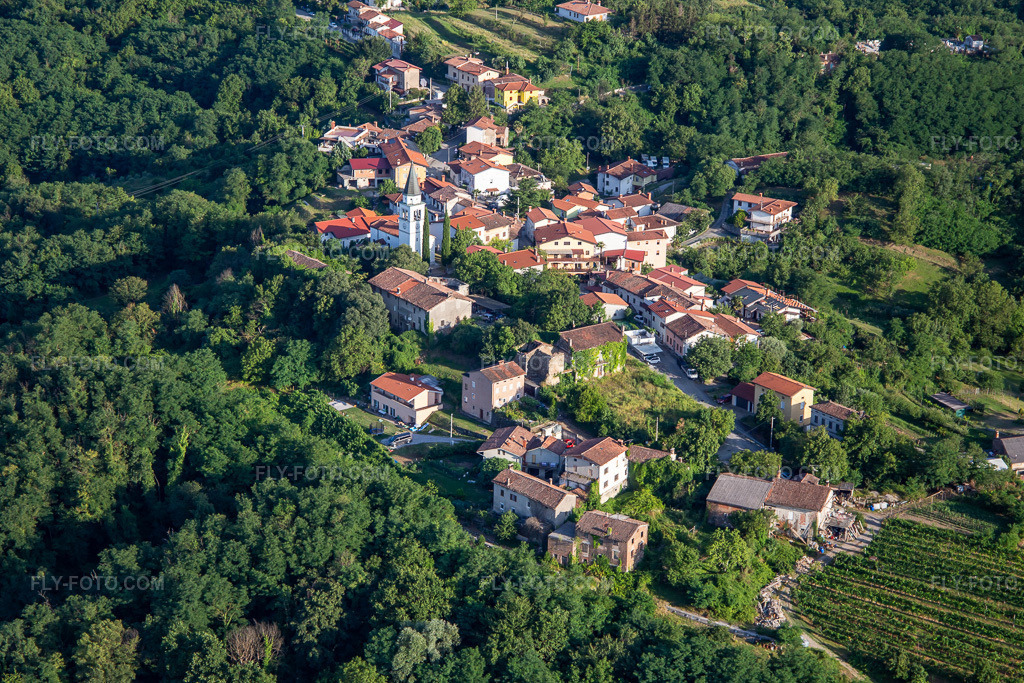 Aerial view: Hill village between vineyards and forest in the district Gradišče nad Prvačino in Nova Gorica in the state Slovenia, Slovenia. – Photo: IMG_137468.jpg taken on 07/14/2023 by Werner Riehm/FLY-FOTO.com – Resolution of the original: 5115 x 3410 px