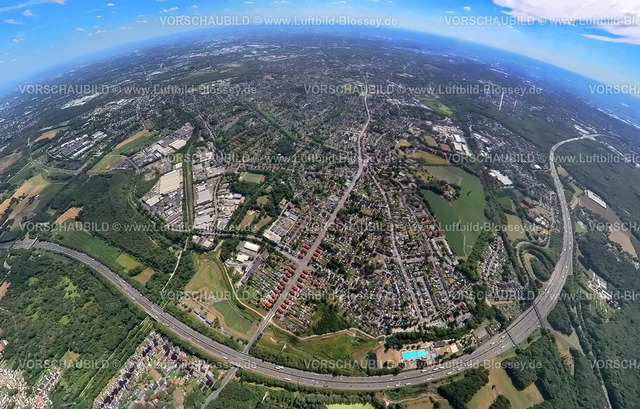 Bottrop20220803_2A2Nord | Luftbild, Ansicht Ortsteil Eigen, Autobahn A2, Fisheye Aufnahme, Fischaugen Aufnahme, 360 Grad Aufnahme, Bottrop, Ruhrgebiet, Nordrhein-Westfalen, Deutschland
