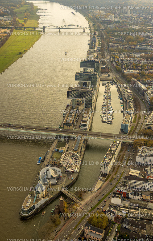 Koeln231100600Kranhaeuser | Luftbild, Rheinauhafen, Fluss Rhein mit Halbinsel, Severinsbrücke mit Zollhafen und moderne Kranhäuser, Riesenrad am Schokoladenmuseum, Rheinau Sportshafen Marina RSK Bootsanlegestelle, Altstadt, Köln, Rheinland, Nordrhein-Westfalen, Deutschland