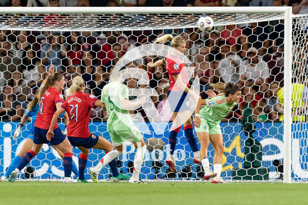 Norway v Italy - UEFA Women's EURO 2025 Quarter-Final | GENEVA, SWITZERLAND - JULY 16: Ada Hegerberg of Norway  jumps for a header  during the UEFA Women's EURO 2025 Quarter-Final match between Norway and Italy at Stade de Geneve on July 16, 2025 in Geneva, Switzerland. (Photo by Giuseppe Velletri/Sports Press Photo/Getty Images)