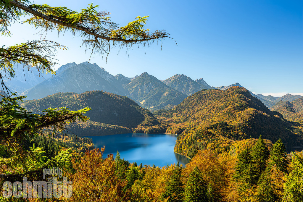 Alpsee beim Füssen mit fantastischer Bergsicht | Herbstliche Stimmung am Alpsee bei Füssen mit leuchtenden Farben der umliegenden Landschaft und einer beeindruckenden Bergkulisse im Hintergrund. Eine stimmungsvolle Aufnahme, die die besondere Schönheit der Allgäuer Herbstlandschaft einfängt. - Realisiert mit Pictrs.com