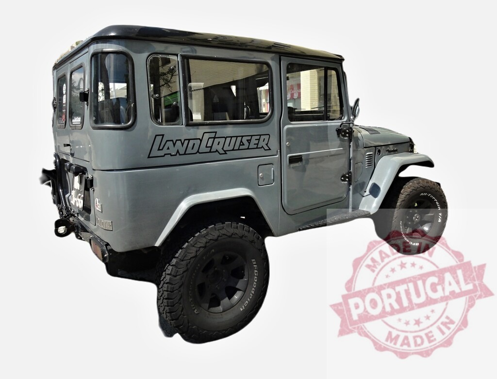 Restored Toyota Land Cruiser FJ40 showing its classic off-road design | Gray Toyota Land Cruiser FJ40 parked, showing its timeless off-road capabilities and iconic design - Realized with Pictrs.com