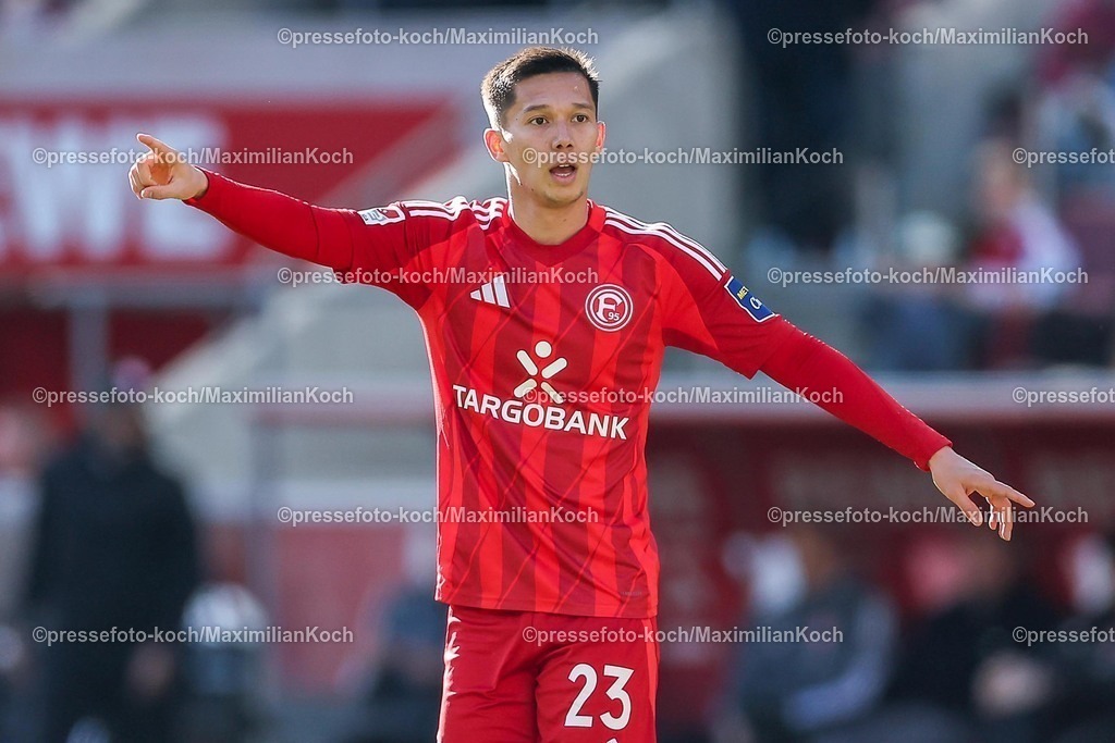 1FC23022502161 | 23.02.2025, Fußball, 1. FC Köln - Fortuna Düsseldorf, 2.. Fußball Bundesliga, 23. Spieltag, RheinEnergie-STADION, Saison 2024 2025: Shinta Appelkamp (Fortuna Düsseldorf #23) gestik GestikulierendDFB regulations prohibit any use of photographs as image sequences and or quasi-video.