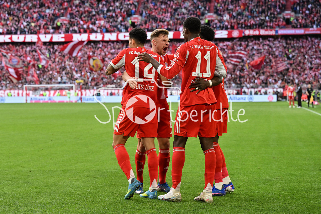 FC Bayern München - VfB Stuttgart | MUNICH, GERMANY - 19. APRIL: Bayern celebrates the goal to makes 2-1 / Tor / Torschuetze / Freude / Happy - Nicolas JACKSON (FC Bayern Munich 11) - during the Bundesliga Match between FC Bayern Munich vs. VfB Stuttgart at Matchday 30 at Allianz Arena / DFL REGULATIONS PROHIBIT ANY USE OF PHOTOGRAPHS AS IMAGE SEQUENCES AND/OR QUASI-VIDEO