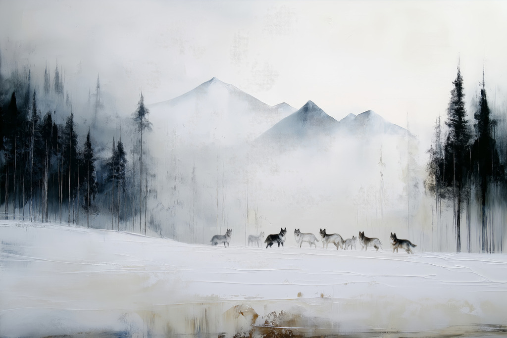 2603010 - Wolfsrudel | Wölfe in einer winterlichen nordischen Gebirgslandschaft im Stil eines Gemäldes.