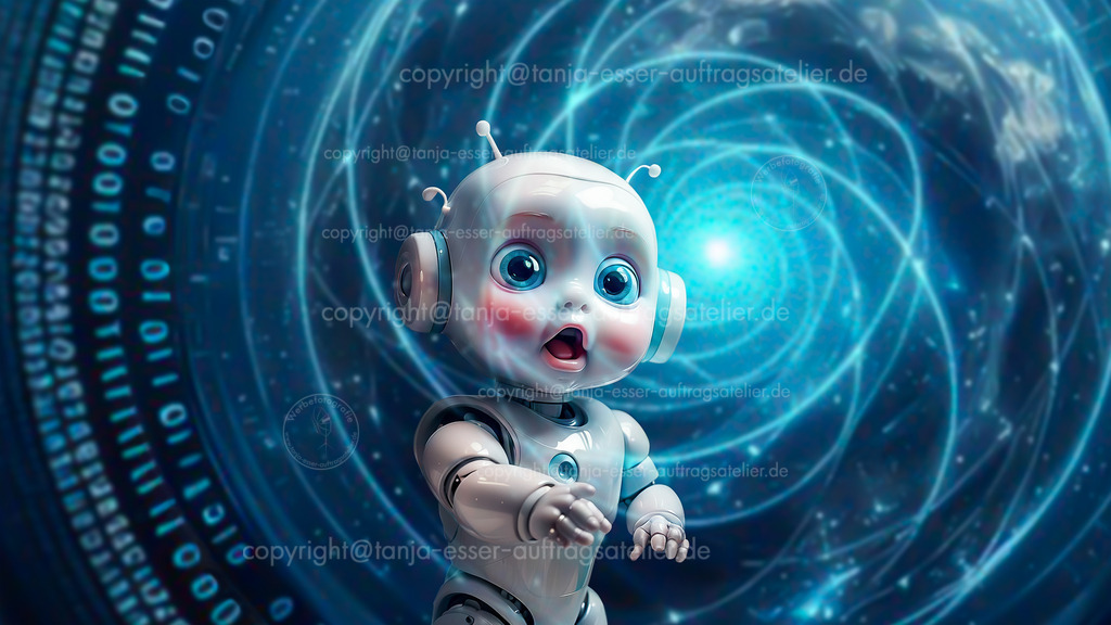 KI Kind vor Binaerem Feld D | KI generiertes digitales Bild zeigt: Künstliche Intelligenz ist noch jung. Symbolisiert durch weißes Roboterkind mit großen staunenden Augen. Im Hintergrund ist ein binäres Universum zu sehen. Konzept zu den Anfängen der KI.