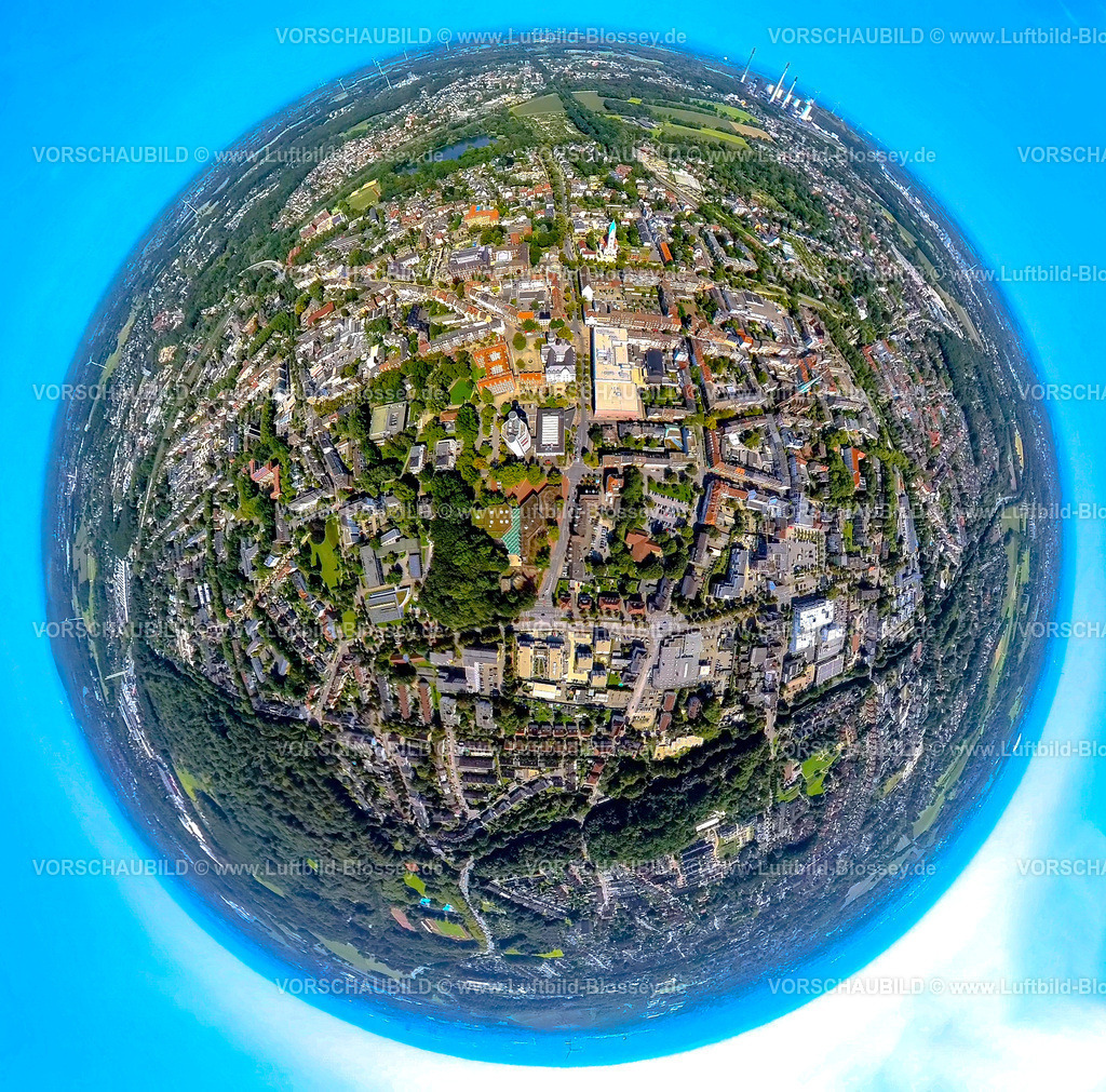 Gladbeck240890525RathausSparkasse | Luftbild, neues und altes Rathaus mit Hochhaus Sparkasse Gladbeck - Hauptgeschäftsstelle, Erdkugel, Fisheye Aufnahme, Fischaugen Aufnahme, 360 Grad Aufnahme, tiny world, little planet, fisheye Bild, Gladbeck, Ruhrgebiet, Nordrhein-Westfalen, Deutschland