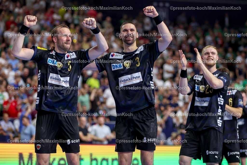 KoeEHF14062501083 | 14.06.2025, Handball, Halbfinale TruckScout24 EHF FINAL4, LANXESS arena Köln, Füchse Berlin - HBC Nantes: Jubel der Füchse Berlin nach dem EInzug  ins Finale. Max Darj  (Fuechse Berlin #05) Fabian Wiede  (Fuechse Berlin #03) 