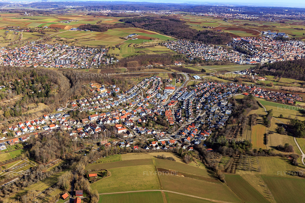 Luftbild: Ortsansicht von Westen im Ortsteil Dätzingen in Grafenau im Bundesland Baden-Württemberg in Deutschland. Foto: IMG_124839.jpg vom 20.02.2021 durch Werner Riehm/FLY-FOTO.de