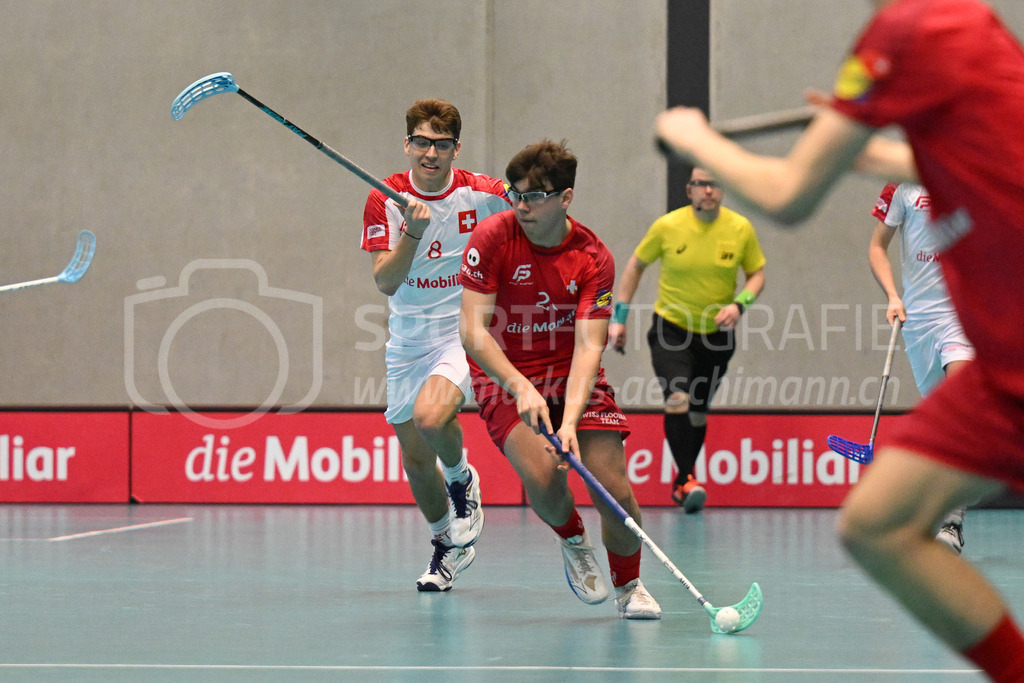 Switzerland B U19 vs Switzerland U19 - 4. February 2024 | Switzerland B U19 vs Switzerland U19
U19 Men International Matches in Switzerland
GoEasy Arena, Siggenthal Station
Switzerland forward #20 Rovin Thalmann in front of Switzerland forward #8 Damian Hocevar.
Credit: Markus Aeschimann | <a href="https://www.markus-aeschimann.ch">Sportfotografie Markus Aeschimann</a> | <a href="https://www.instagram.com/sportfotografie.aeschimann">@sportfotografie.aeschimann</a> - Realisiert mit Pictrs.com