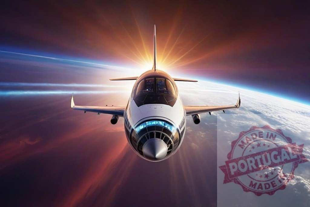 Futuristic airplane flying over Earth at sunrise | Space tourism airplane flying in outer space with planet Earth in the background - Realized with Pictrs.com