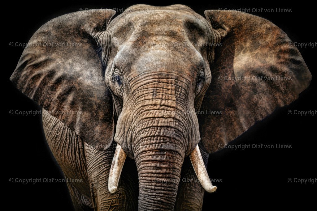 Elefant auf schwarzem Hintergrund | alter Elefant schaut in die Kamera