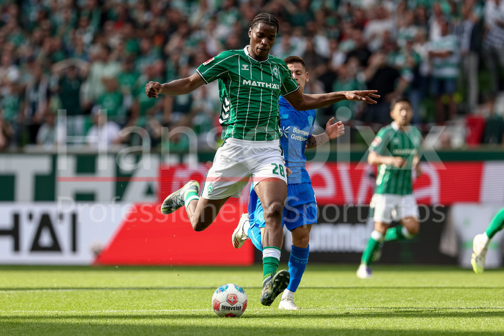 Fussball, Bundesliga, SV Werder Bremen - Bayer 04 Leverkusen | v.li.: Skelly Alvero (SV Werder Bremen, 28) und Claudio Echeverri (Bayer 04 Leverkusen, 9) im Zweikampf, Duell, Dynamik, Aktion, Action, Spielszene, DIE DFL-RICHTLINIEN UNTERSAGEN JEGLICHE NUTZUNG VON FOTOS ALS SEQUENZBILDER UND/ODER VIDEOÄHNLICHE FOTOSTRECKEN. DFL REGULATIONS PROHIBIT ANY USE OF PHOTOGRAPHS AS IMAGE SEQUENCES AND/OR QUASI-VIDEO.