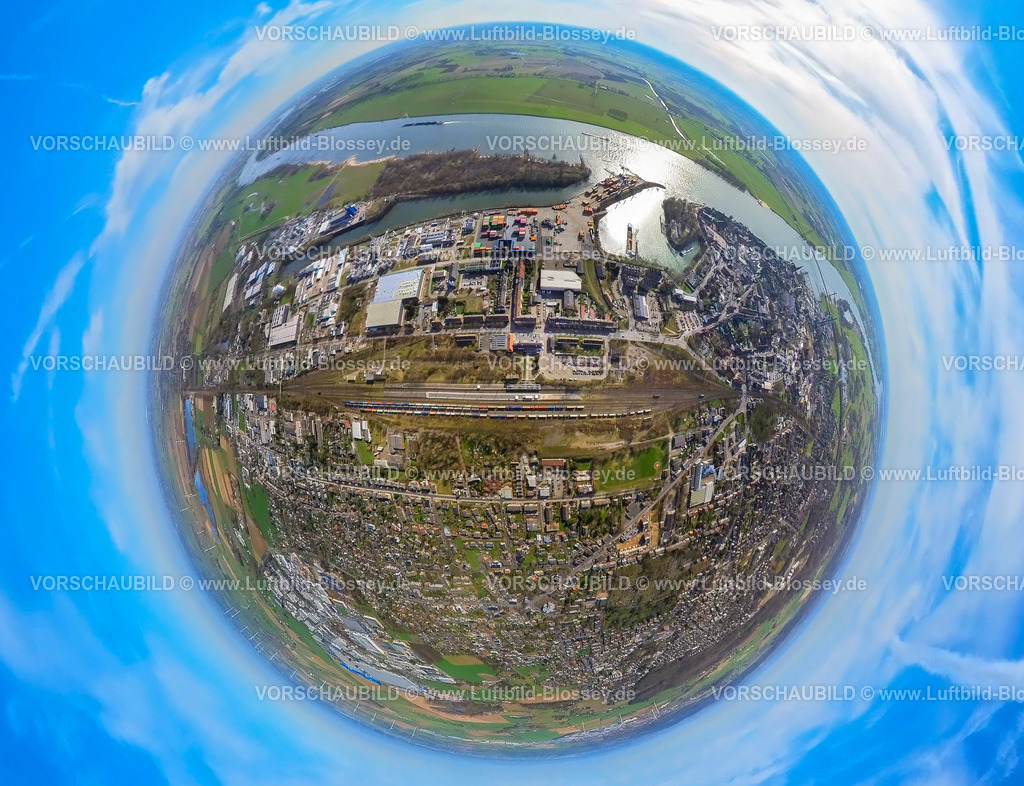 Emmerich240390140EmmericherHafen | Luftbild, Hafen Emmerich am Fluss Rhein, Gewerbegebiet, Erdkugel, Fisheye Aufnahme, Fischaugen Aufnahme, 360 Grad Aufnahme, tiny world, little planet, fisheye Bild, Emmerich, Emmerich am Rhein, Nordrhein-Westfalen, Deutschland