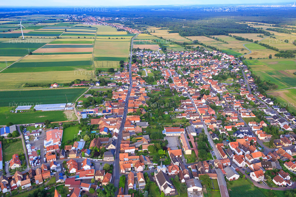 Luftbild: Dorfübersicht aus Westen in Minfeld im Bundesland Rheinland-Pfalz in Deutschland. Foto: IMG_090265.jpg vom 26.06.2016 durch Werner Riehm/FLY-FOTO.de