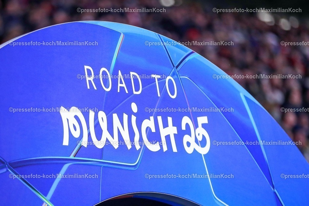 UCL11032502224 | 11.03.2025, Fußball, UEFA Champions League, Bayer 04 Leverkusen - FC Bayern München, Achtelfinale Rückspiel, BayArena, Saison 2024 2025: Schriftzug Road to munich 25DFB regulations prohibit any use of photographs as image sequences and or quasi-video.
