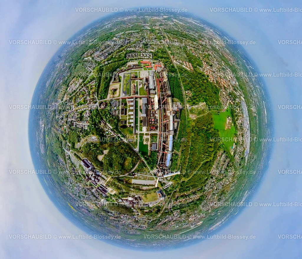 Essen240490049KokereiZecheZollverein | Luftbild, UNESCO-Welterbe Zollverein, Zeche Zollverein und Kokerei, Erdkugel, Fisheye Aufnahme, Fischaugen Aufnahme, 360 Grad Aufnahme, tiny world, little planet, fisheye Bild, Stoppenberg, Essen, Ruhrgebiet, Nordrhein-Westfalen, Deutschland