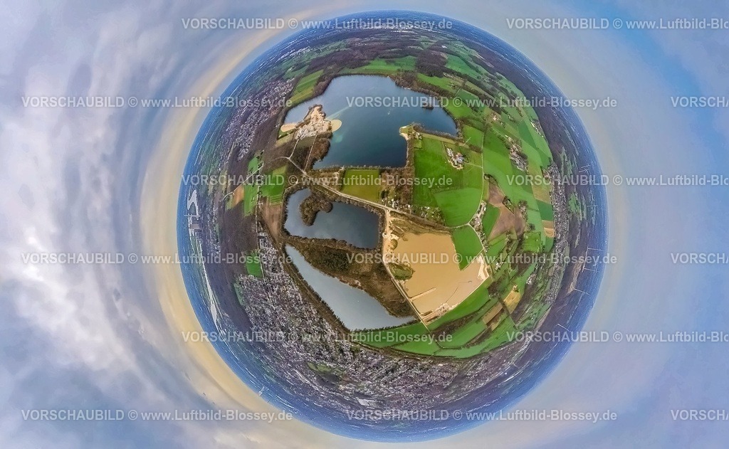 Voerde230328_1Tenderingsee | Luftbild, Tenderingssee mit Strandbad, Kieswerk Hünxe, Erdkugel, Fisheye Aufnahme, Fischaugen Aufnahme, 360 Grad Aufnahme, Möllen, Voerde, Ruhrgebiet, Nordrhein-Westfalen, Deutschland