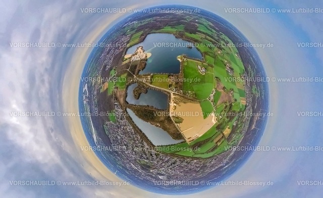 Voerde230328_1Tenderingsee | Luftbild, Tenderingssee mit Strandbad, Kieswerk Hünxe, Erdkugel, Fisheye Aufnahme, Fischaugen Aufnahme, 360 Grad Aufnahme, Möllen, Voerde, Ruhrgebiet, Nordrhein-Westfalen, Deutschland