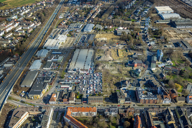 Herne230211987 | Luftbild, Baustelle und geplanter Neubau von Reihenhäusern auf dem ehem. Knipping Dorn Gelände, zwischen Rewe und PLANB-Familienzentrum Kinderwelt, Trödelmarkt am Rewe, Baukau, Herne, Ruhrgebiet, Nordrhein-Westfalen, Deutschland