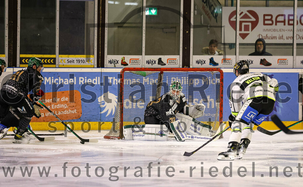 2024-02-23_085_TSV_Erding_gegen_ERSC_Amberg | Erding, Deutschland, 23.02.2024:
Eishockey, Bayernliga Playoffs 2023 / 2024, 3. Spieltag, TSV Erding gegen ERSC Amberg, Endergebnis: 2:3 n. V.

Maximilian Forster (Erding Gladiators, #81), Torwart Dimitri Pätzold (Erding Gladiators, #32), Brendan Walkom (ERSC Amberg, #94)

Foto: Christian Riedel / fotografie-riedel.net
