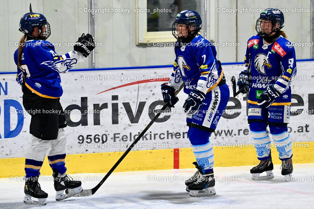 LADY HAWKS vs. WILDCATS PATERNION | Jubel Lady Hawks Mannschaft, #12 Orel Lisa LADY HAWKS, #7 Fuchs Lena LADY HAWKS, #98 Walluschnig Nadine Ramona LADY HAWKS, LADY HAWKS vs. WILDCATS PATERNION, LADY HAWKS vs. WILDCATS PATERNION am 12.03.2025 in Steindorf (Ossiachersee Halle), Austria, (Photo by Bernd Stefan)