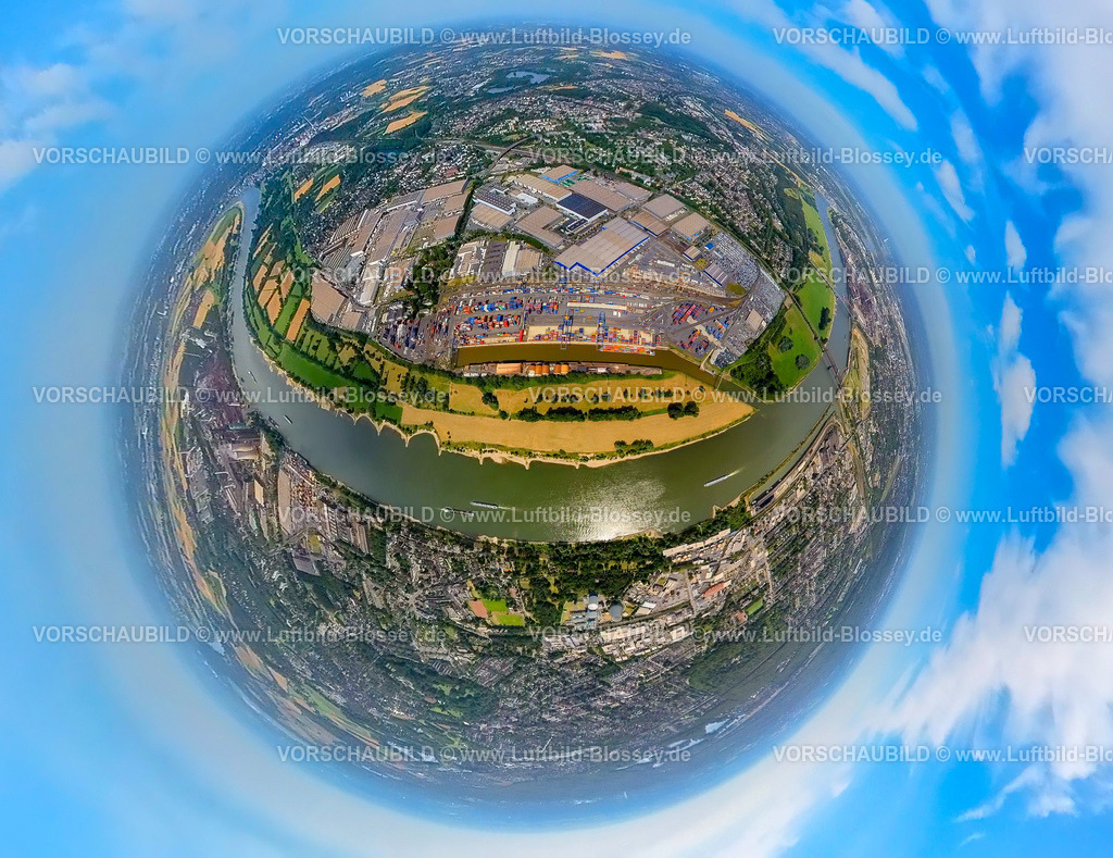 Duisburg230790223_LogPort I Rheinhausen | Luftbild, logport I am Fluss Rhein, Erdkugel, Fisheye Aufnahme, Fischaugen Aufnahme, 360 Grad Aufnahme, tiny world, Friemersheim, Duisburg, Ruhrgebiet, Nordrhein-Westfalen, Deutschland