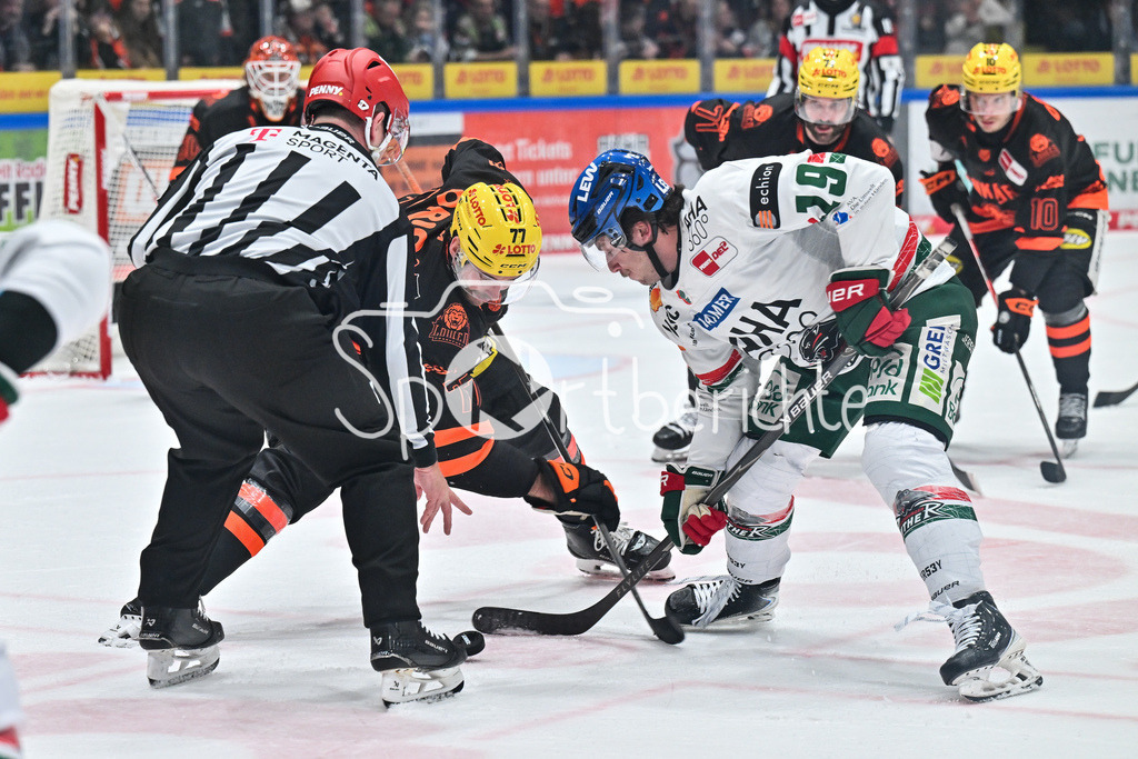 Löwen Frankfurt - Augsburger Panther | FRANKFURT, GERMANY - 19. DECEMBER: beim Bully Daniel PFAFFENGUT (Löwen Frankfurt 77) und Riley DAMIANI (Augsburger Panther 19) während dem Match zwischen den Löwen Frankfurt und den Augsburger Panthern am 29. Spieltag der Penny DEL in der Eissporthalle Frankfurt