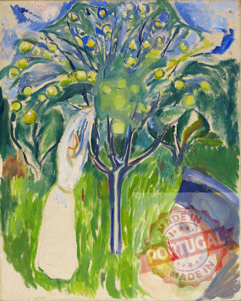 Edvard Munch women picking eating apple in Expressionist garden | Edvard Munch Two women interacting with a fruitful apple tree, depicting themes of nature and fertility in Expressionist art - Realized with Pictrs.com