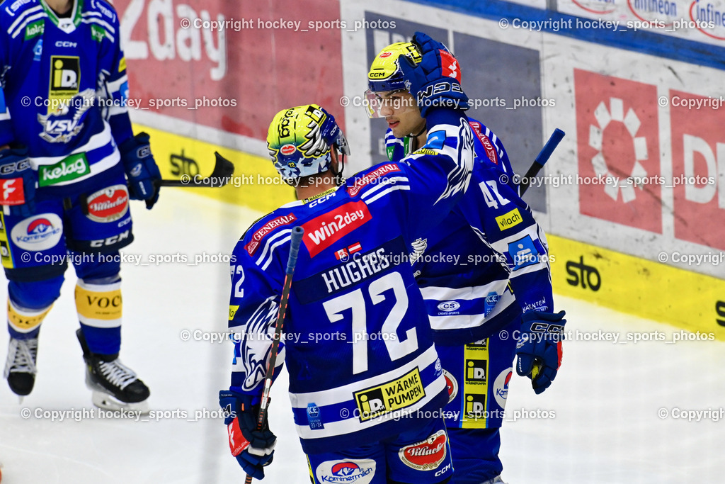 EC IDM Wärmepumpen VSV vs. HC Pustertal 8.10.2023 | #40 WALLENTA Elias EC VSV,  #72 HUGHES John EC VSV, EC IDM Wärmepumpen VSV vs. HC Pustertal 8.10.2023, EC IDM Wärmepumpen VSV vs. HC Pustertal am 08.10.2023 in Villach (Stadthalle Villach), Austria, (Photo by Bernd Stefan)