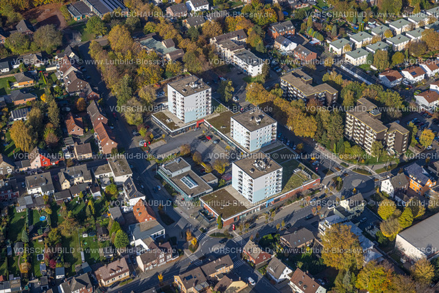 Kamen221015053 | Luftbild, Einkaufszentrum, WohnHochhäuser, Einsteinstraße und Germaniastraße, Kaiserau, Kamen, Ruhrgebiet, Nordrhein-Westfalen, Deutschland