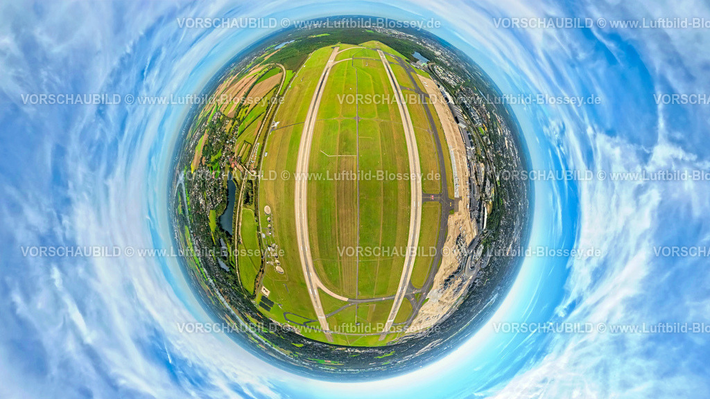 Duesseldorf250903794 | Luftbild, DUS Airport Flughafen Düsseldorf mit Startbahn und Landebahn, Erdkugel, Fisheye Aufnahme, Fischaugen Aufnahme, 360 Grad Aufnahme, tiny world, little planet, fisheye Bild, Lohausen, Düsseldorf, Ruhrgebiet, Nordrhein-Westfalen, Deutschland