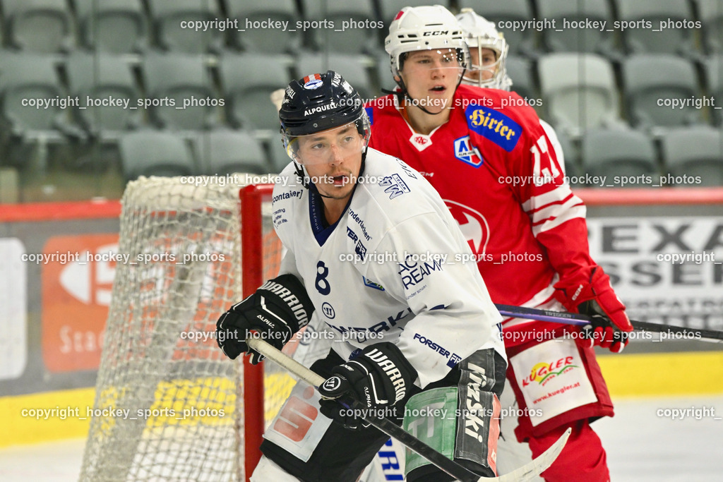 EC KAC Future Team vs. Die Adler Kitzbühl 7.10.2023 | #8 Matzka Moritz EC Kitzbühel, #22 Waschnig Lukas EC KAC FUTURE TEAM, EC KAC Future Team vs. Die Adler Kitzbühl 7.10.2023, EC KAC Future Team vs. Die Adler Kitzbühl am 07.10.2023 in Klagenfurt (Messehalle Klagenfurt), Austria, (Photo by Bernd Stefan)