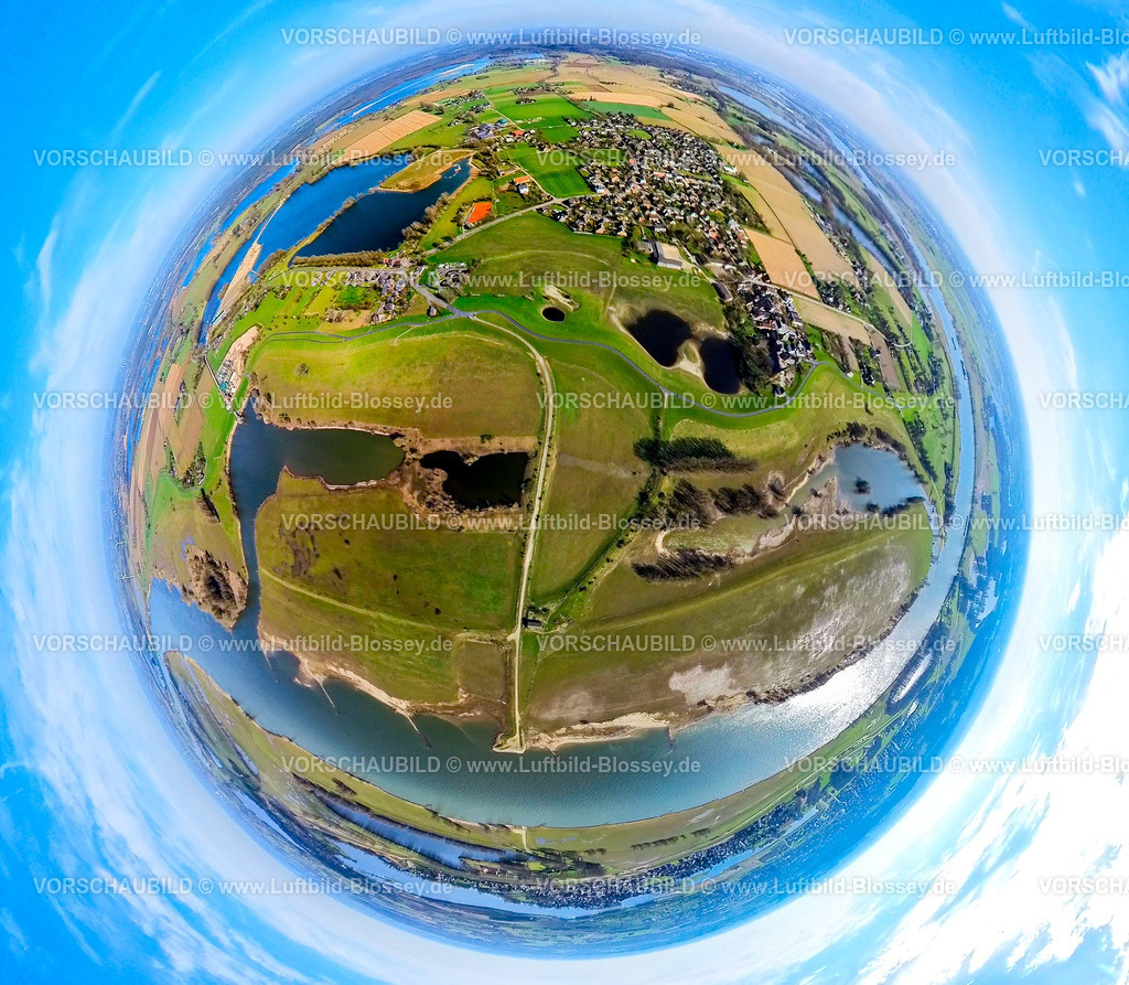 Wesel240390101Wesel-Bislich_Rhein | Luftbild, Rheinaue Bislich-Vahnum Landschaftsschutzgebiet LSG, Wohngebiet Ortsansicht Bislich mit Wiesen und Felder am Fluss Rhein, Erdkugel, Fisheye Aufnahme, Fischaugen Aufnahme, 360 Grad Aufnahme, tiny world, little planet, fisheye Bild, Bislich, Wesel, Nordrhein-Westfalen, Deutschland